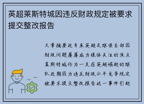 英超莱斯特城因违反财政规定被要求提交整改报告